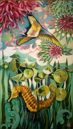 Colorful hummingbird and seahorse artwork, an example of art services for artists